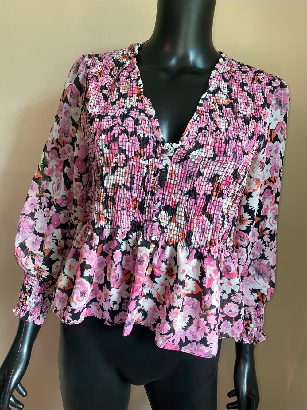Zara Pink Floral Smocked Peasant Blouse NWTs